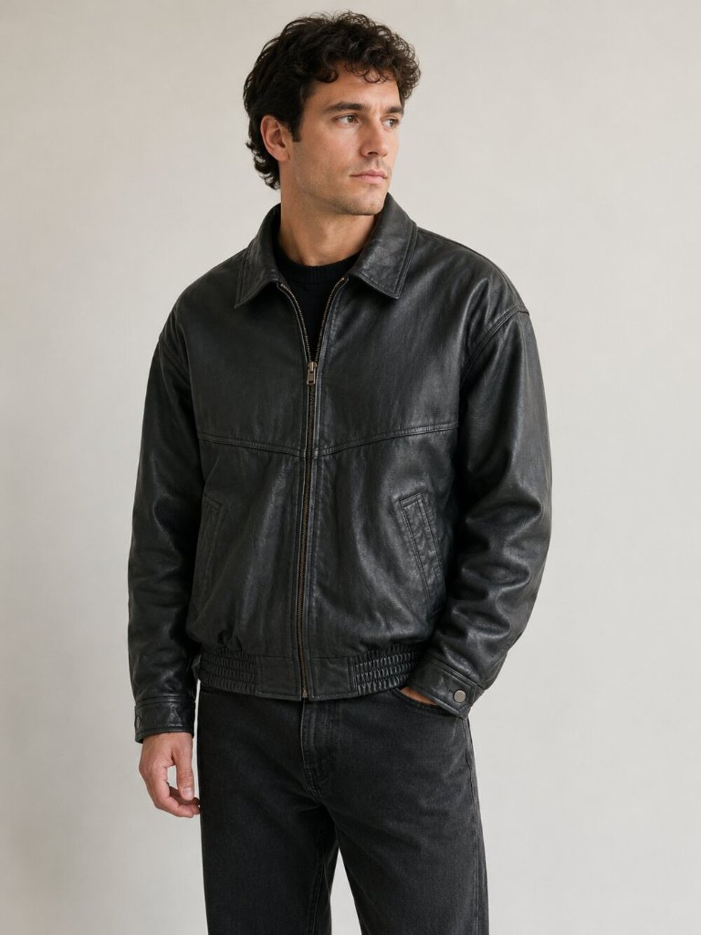 Vintage J. Walden Genuine Leather Bomber Jacket Black Textured Korea Men's XL
